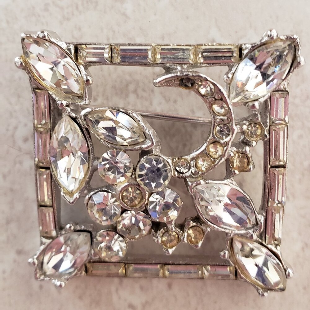 Vintage square clear crystal/silver tone brooch; gently used; spring ring clasp